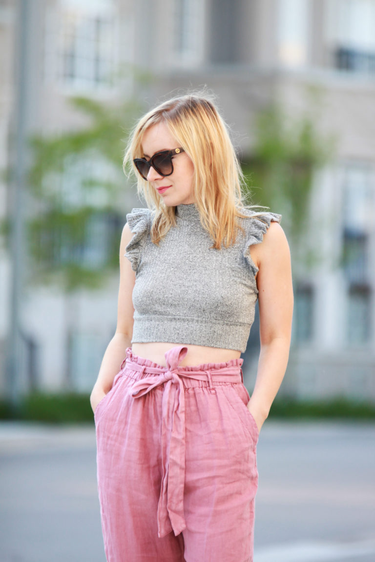 Pink Paper Bag Pants With A Ruffle Sleeve Crop Top House Of Illusions