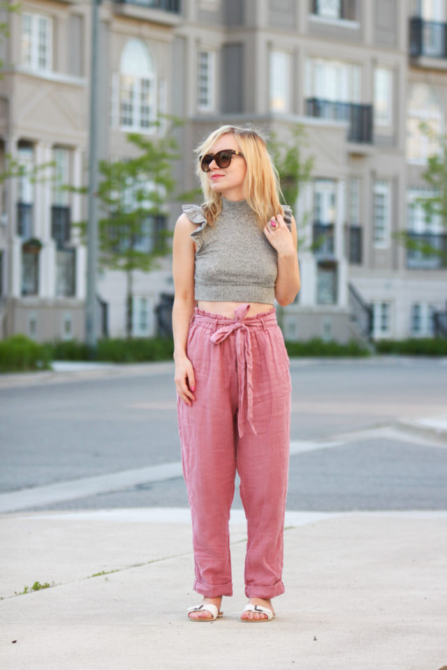 Pink Paper Bag Pants With A Ruffle Sleeve Crop Top - House of Illusions